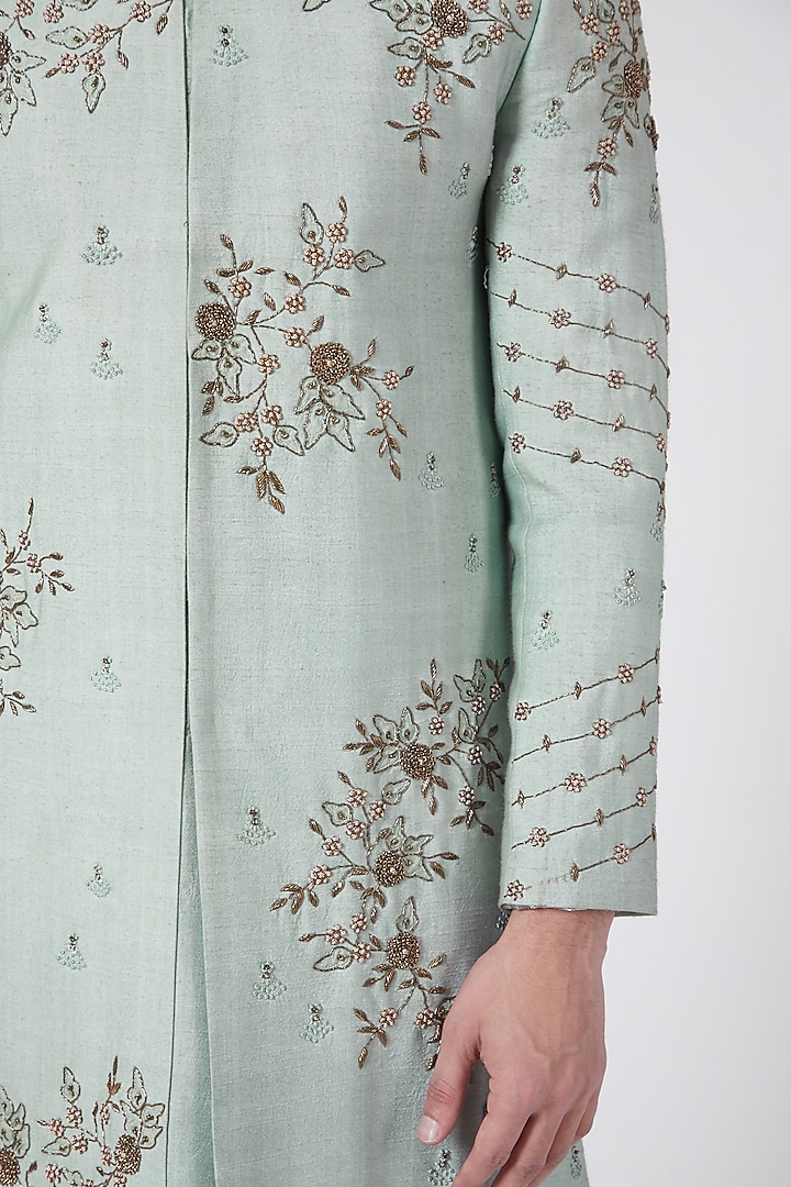 Duck Egg Blue Floral Embroidered Groom Sherwani Set by Jatin Malik at Pernia's Pop Up Shop