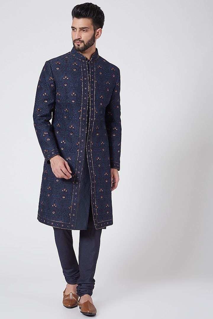Midnight Blue Embroidered Groom Sherwani Set by Jatin Malik at Pernia's Pop Up Shop