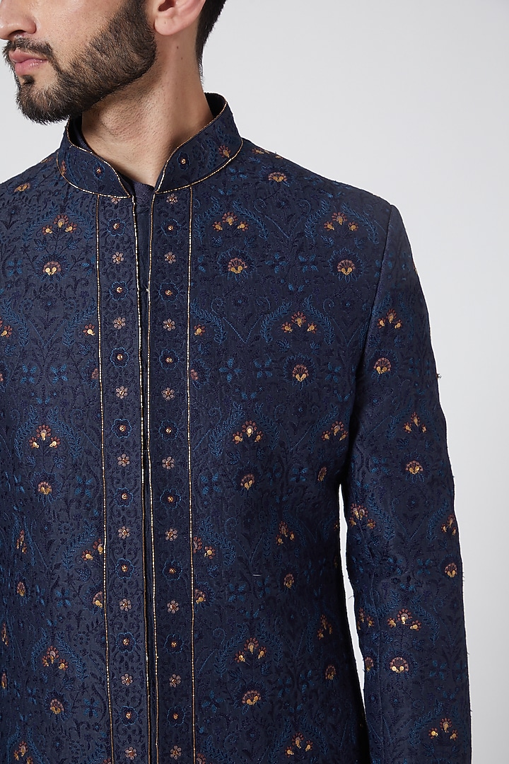 Midnight Blue Embroidered Groom Sherwani Set by Jatin Malik at Pernia's Pop Up Shop