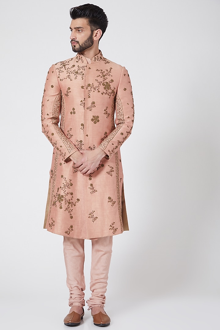 Old Rose Embroidered Groom Sherwani Set by Jatin Malik at Pernia's Pop Up Shop