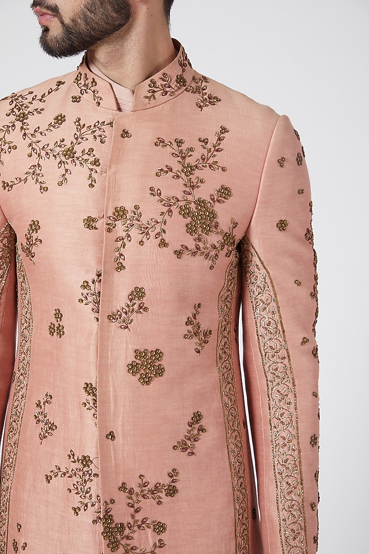 Old Rose Embroidered Groom Sherwani Set by Jatin Malik at Pernia's Pop Up Shop