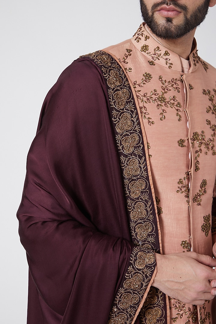 Old Rose Linen Silk 3D Floral Embroidered Groom Sherwani Set by Jatin Malik at Pernia's Pop Up Shop