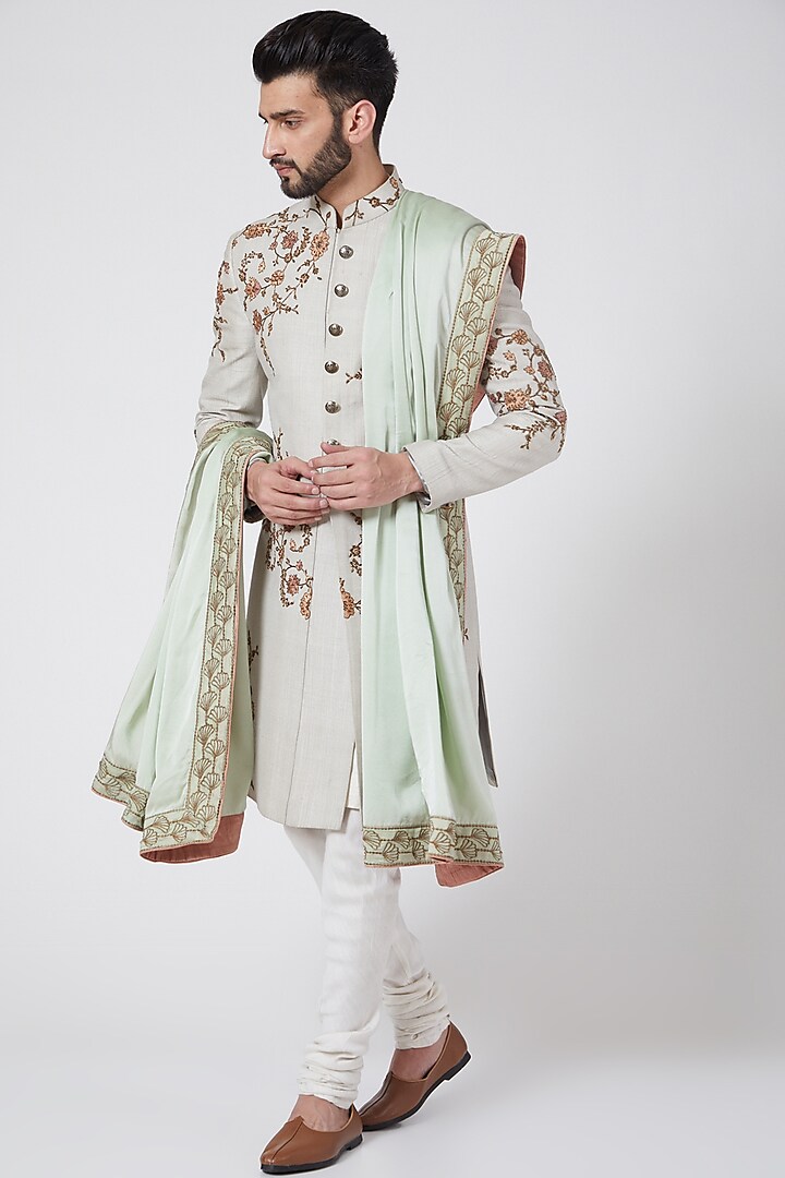 Ice Grey Textured & Embroidered Sherwani Set by Jatin Malik