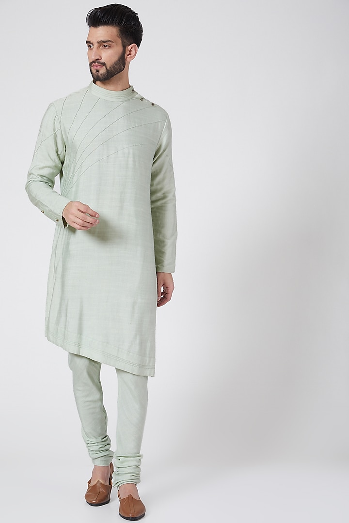 Duck Egg Blue Asymmetric Kurta Set by Jatin Malik