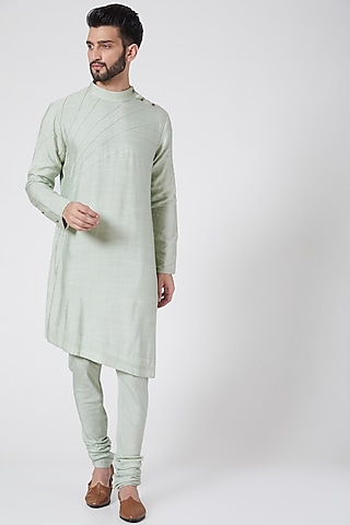 Duck Egg Blue Asymmetric Kurta Set by Jatin Malik