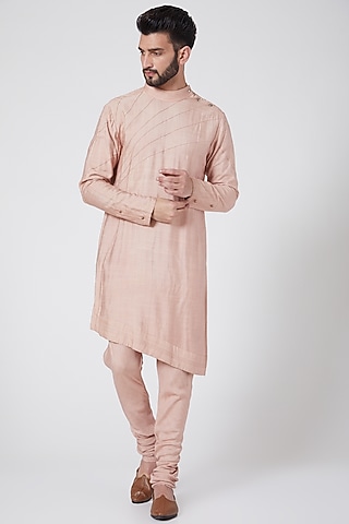 Old Rose Asymmetric Kurta Set by Jatin Malik