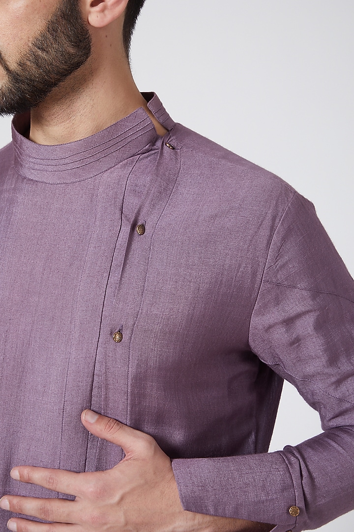 English Purple Slub Silk Asymmetric Kurta Set by Jatin Malik at Pernia's Pop Up Shop