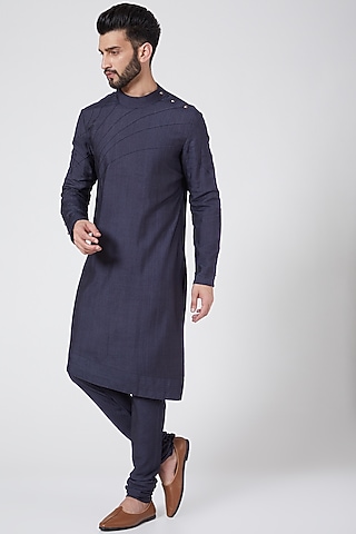 Midnight Blue Asymmetric Kurta Set by Jatin Malik