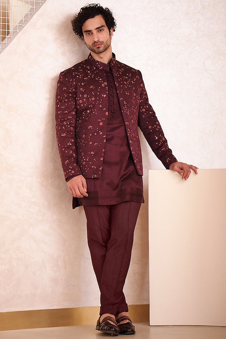 Wine Hand Embroidered Indo-Western Jacket Set by Jatin Malik