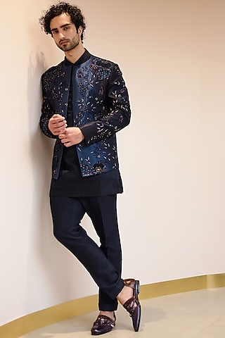 Midnight Blue Hand Embroidered Indo-Western Jacket Set by Jatin Malik