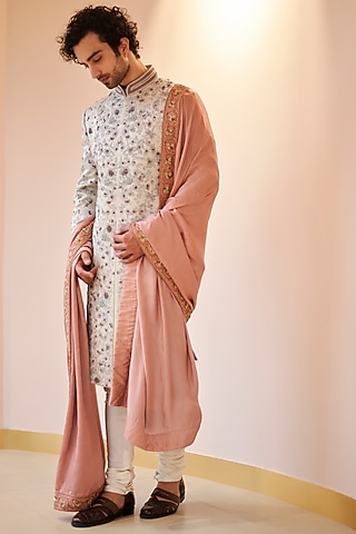 Silver Grey Linen Silk Hand Embroidered Sherwani Set by Jatin Malik
