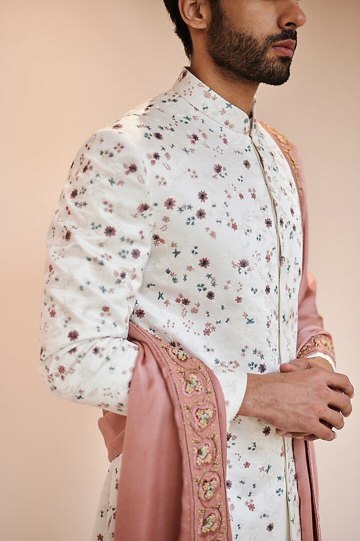 White Linen Silk Hand Embroidered Groom Sherwani Set by Jatin Malik at Pernia's Pop Up Shop