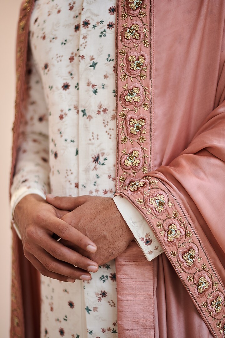 White Linen Silk Hand Embroidered Groom Sherwani Set by Jatin Malik at Pernia's Pop Up Shop