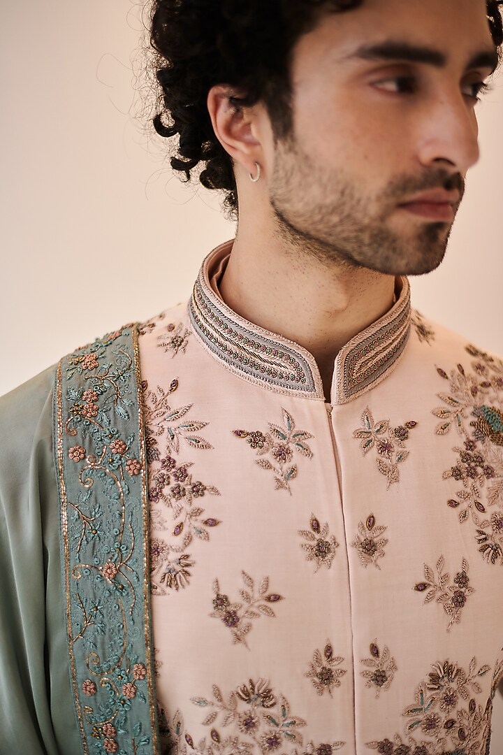 Baby Pink Linen Silk Hand Embroidered Groom Sherwani Set by Jatin Malik at Pernia's Pop Up Shop