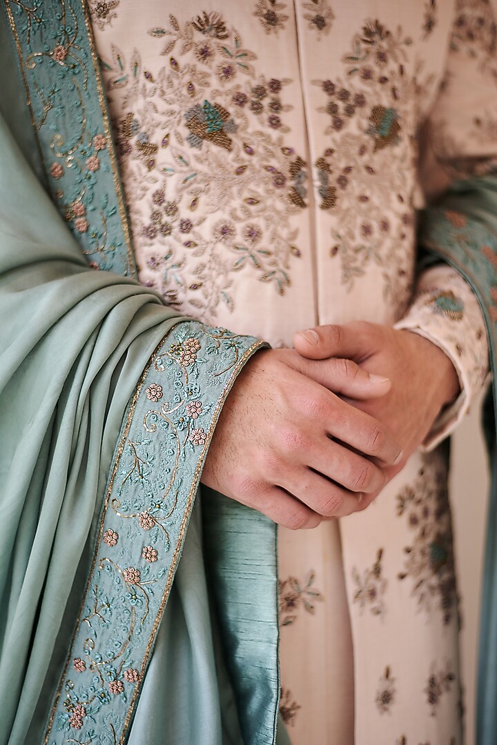 Baby Pink Linen Silk Hand Embroidered Groom Sherwani Set by Jatin Malik at Pernia's Pop Up Shop