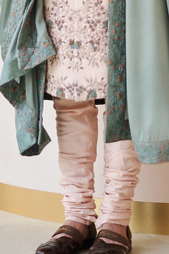 Baby Pink Linen Silk Hand Embroidered Groom Sherwani Set by Jatin Malik at Pernia's Pop Up Shop