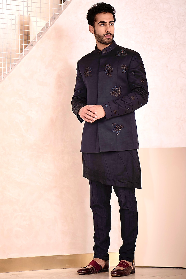 Midnight Blue Bandhgala Jacket Set by Jatin Malik
