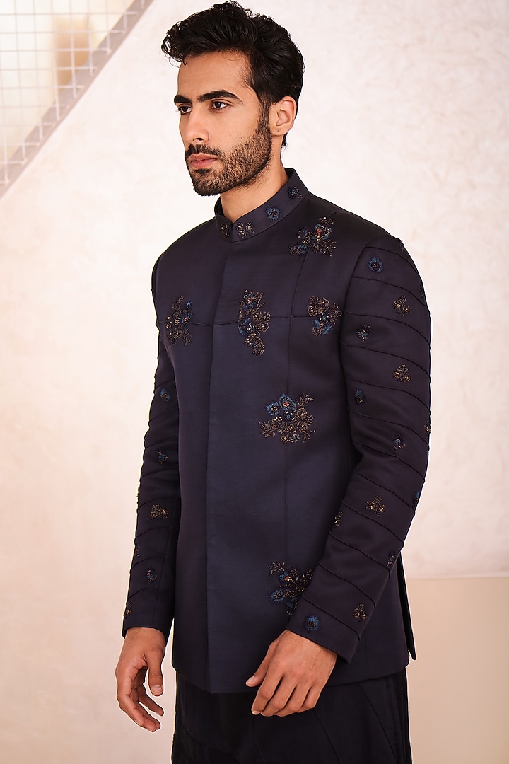Midnight Blue Groom Bandhgala Jacket Set by Jatin Malik at Pernia's Pop Up Shop