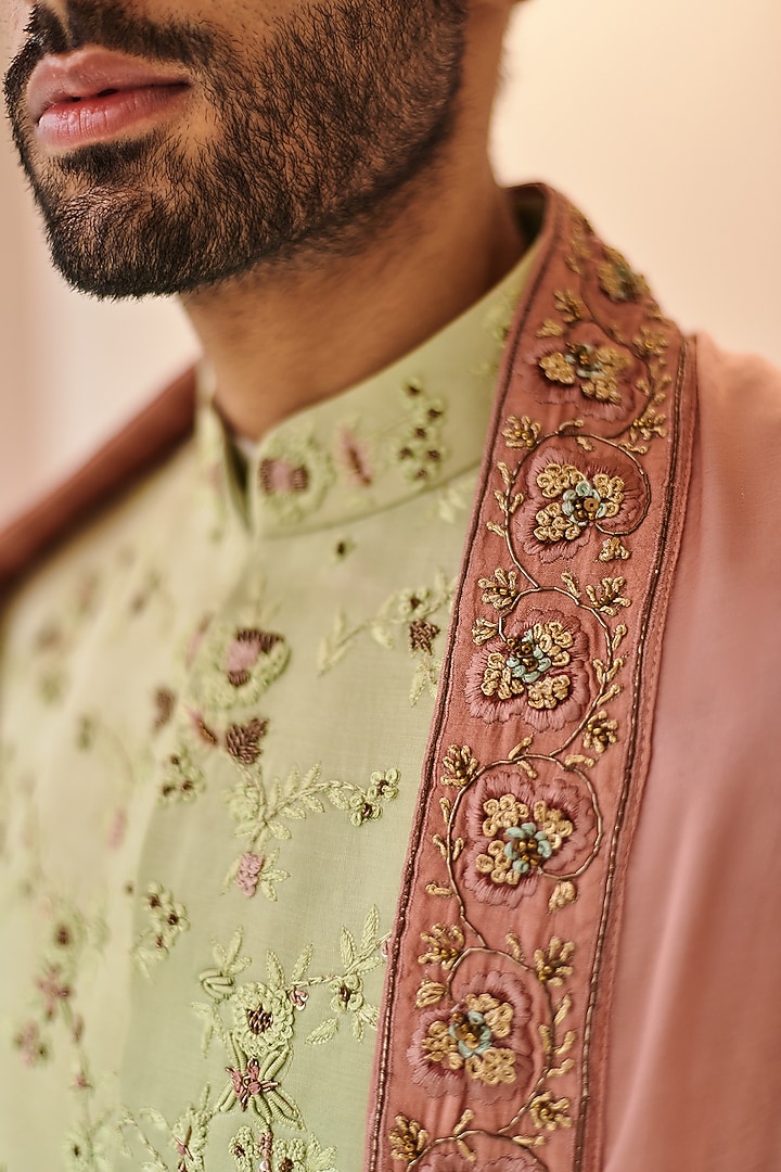 Duck-Egg Colored Linen Silk Jamawar Embroidered Groom Sherwani Set by Jatin Malik at Pernia's Pop Up Shop
