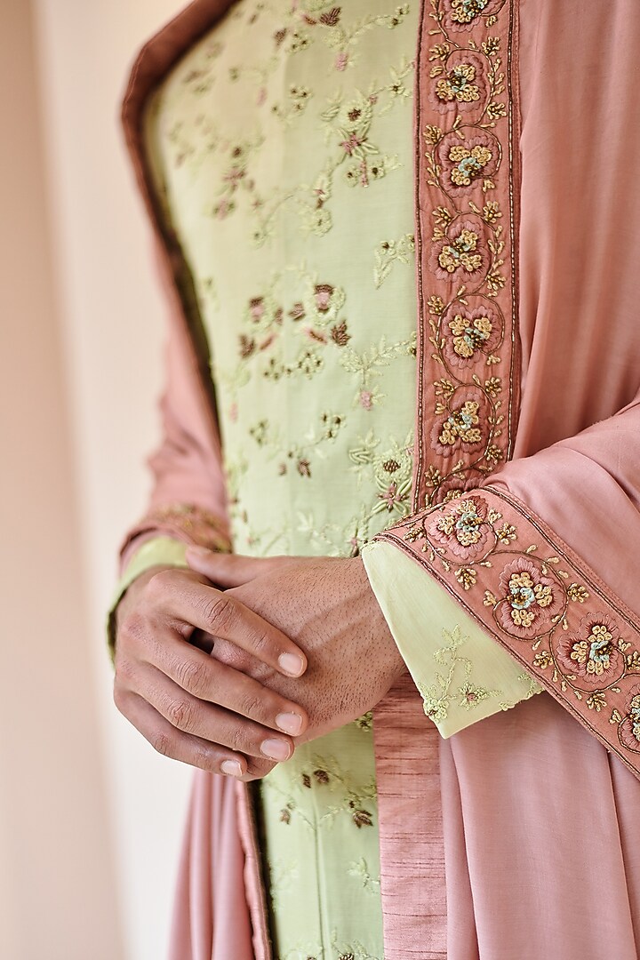 Duck-Egg Colored Linen Silk Jamawar Embroidered Groom Sherwani Set by Jatin Malik at Pernia's Pop Up Shop