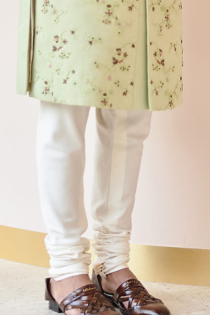 Duck-Egg Colored Linen Silk Jamawar Embroidered Groom Sherwani Set by Jatin Malik at Pernia's Pop Up Shop