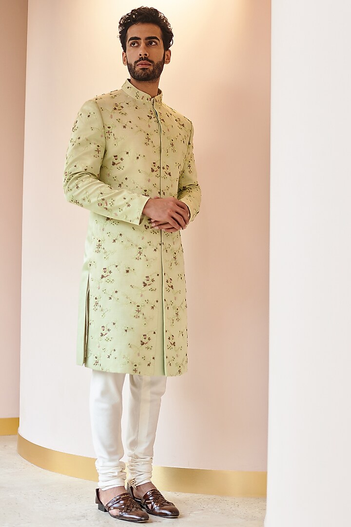 Duck-Egg Colored Linen Silk Jamawar Embroidered Groom Sherwani Set by Jatin Malik at Pernia's Pop Up Shop