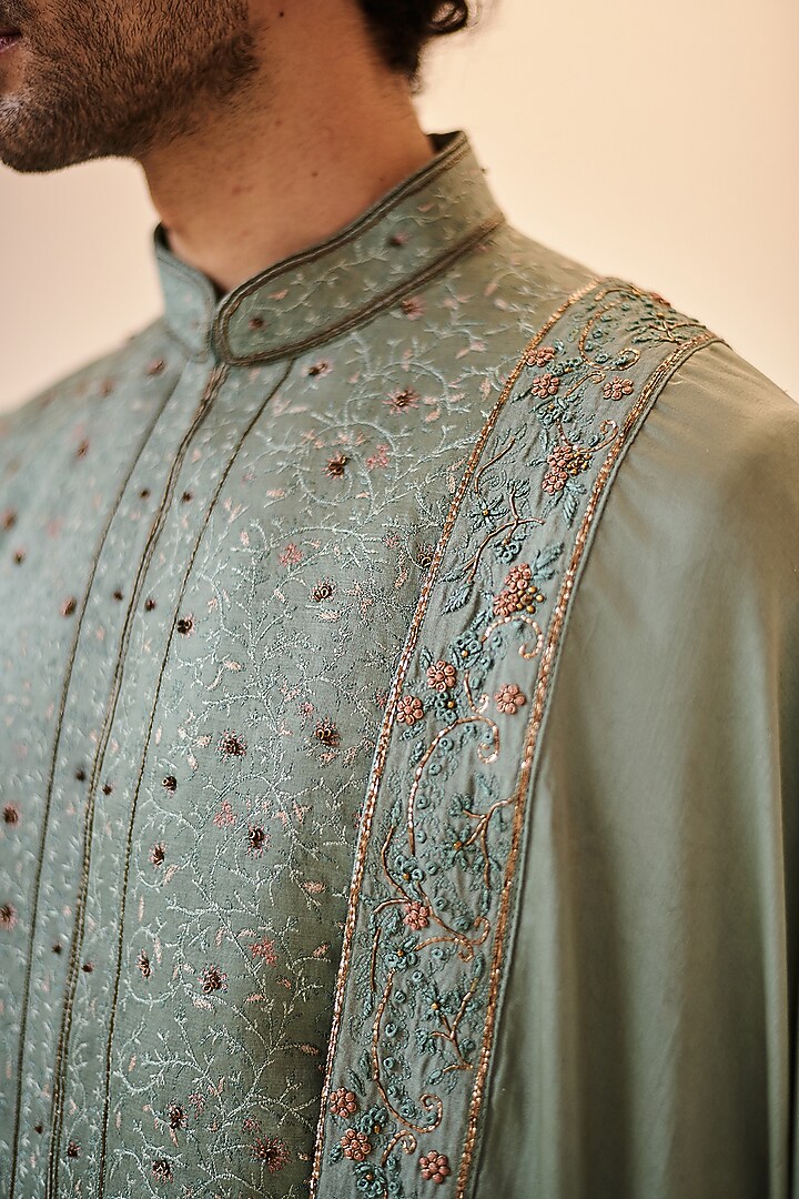 Chateau Grey Linen Silk Jamawar Embroidered Groom Sherwani Set by Jatin Malik at Pernia's Pop Up Shop