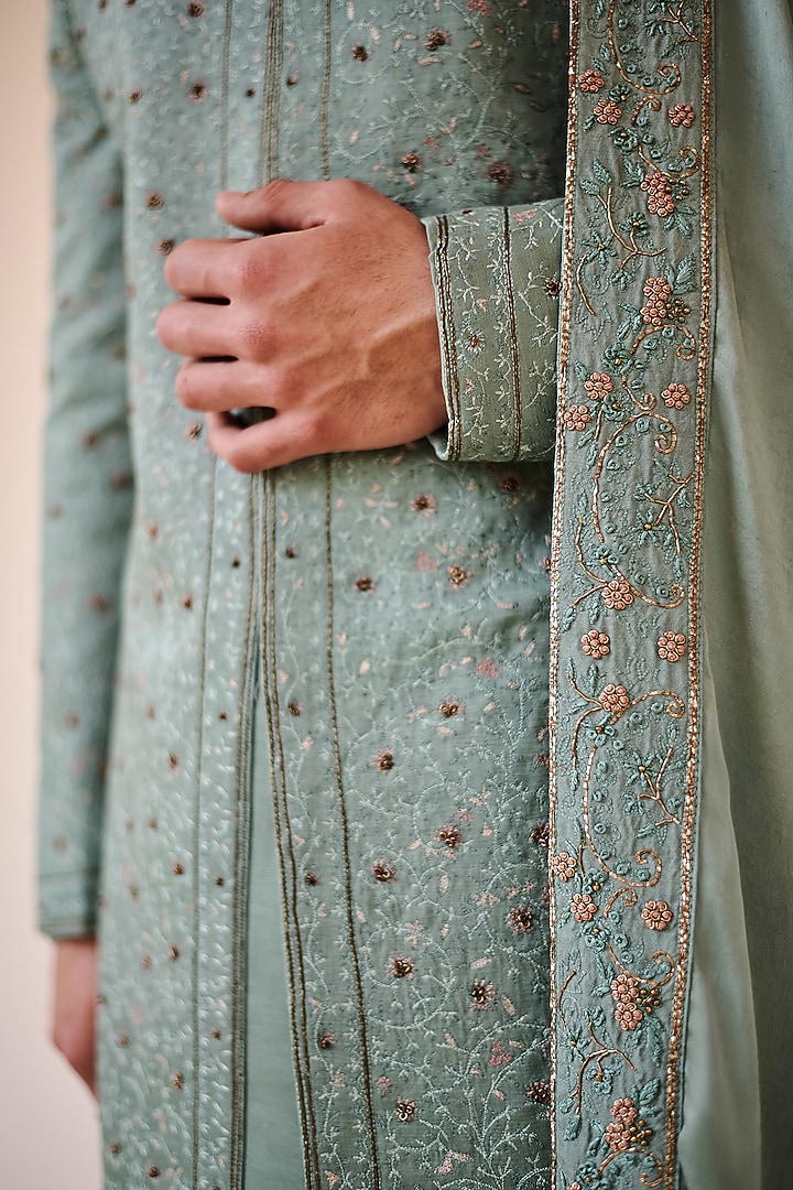 Chateau Grey Linen Silk Jamawar Embroidered Groom Sherwani Set by Jatin Malik at Pernia's Pop Up Shop