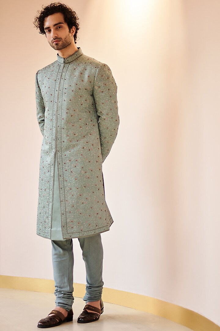 Chateau Grey Linen Silk Jamawar Embroidered Groom Sherwani Set by Jatin Malik at Pernia's Pop Up Shop