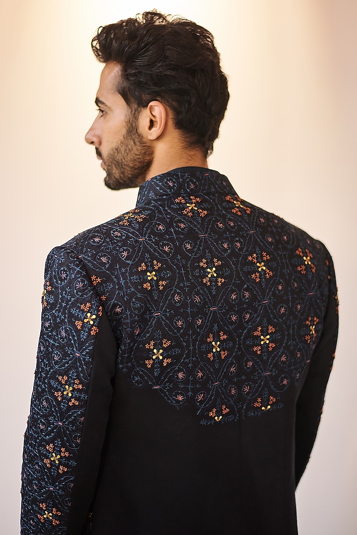 Midnight Blue Linen Silk Embroidered Groom Indowestern Set by Jatin Malik at Pernia's Pop Up Shop