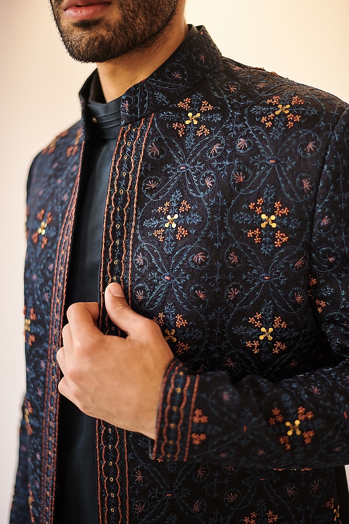 Midnight Blue Linen Silk Embroidered Groom Indowestern Set by Jatin Malik at Pernia's Pop Up Shop