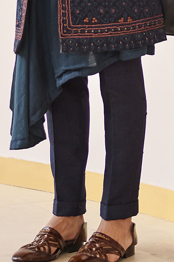 Midnight Blue Linen Silk Embroidered Groom Indowestern Set by Jatin Malik at Pernia's Pop Up Shop