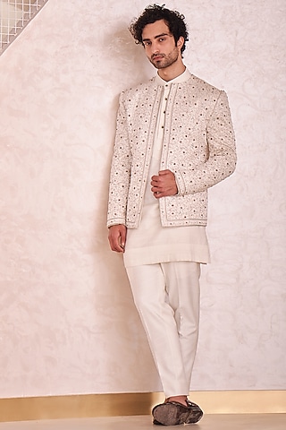Ivory Hand Embroidered Indowestern set by Jatin Malik