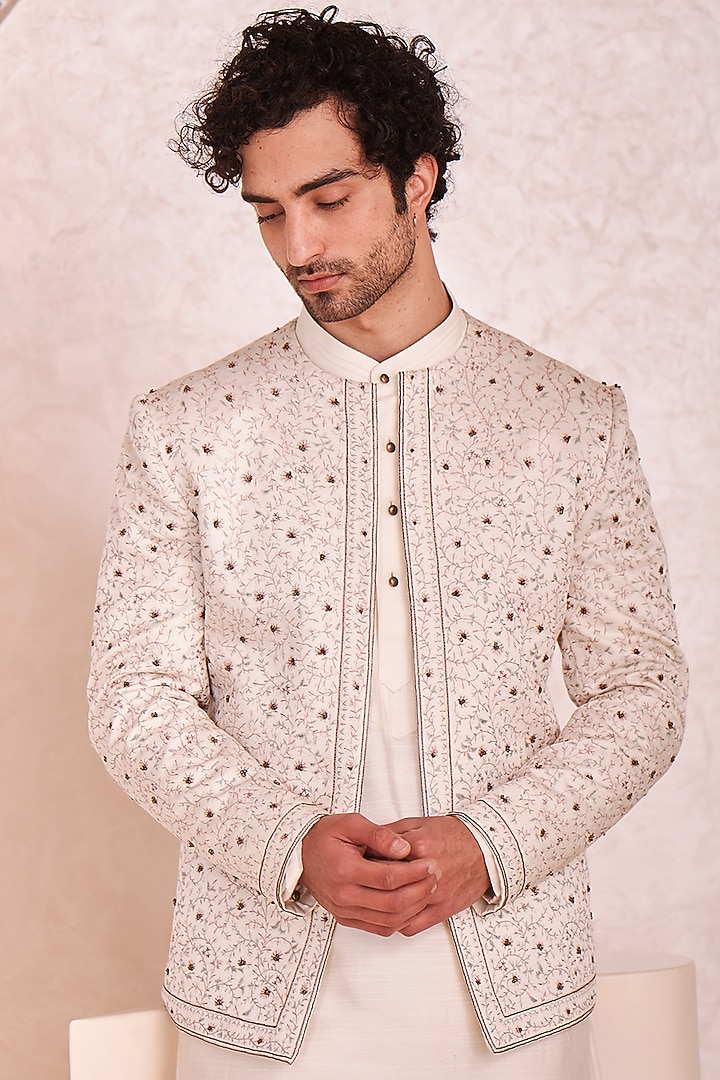 Ivory Hand Embroidered Groom Indowestern set by Jatin Malik at Pernia's Pop Up Shop