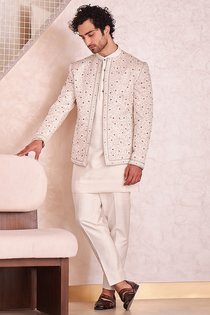 Ivory Hand Embroidered Groom Indowestern set by Jatin Malik at Pernia's Pop Up Shop