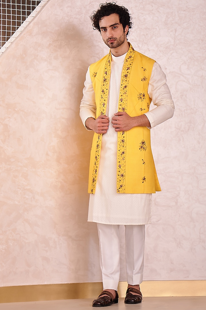 Canary Yellow Slub Silk Hand Embroidered Indowestern Set by Jatin Malik