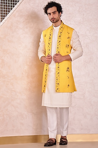 Canary Yellow Slub Silk Hand Embroidered Indowestern Set by Jatin Malik