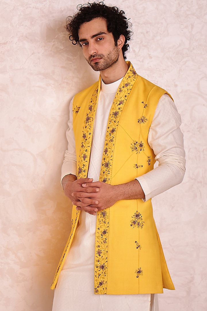 Canary Yellow Slub Silk Hand Embroidered Groom Indowestern Set by Jatin Malik at Pernia's Pop Up Shop