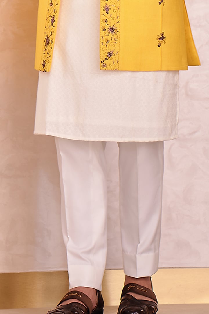 Canary Yellow Slub Silk Hand Embroidered Groom Indowestern Set by Jatin Malik at Pernia's Pop Up Shop