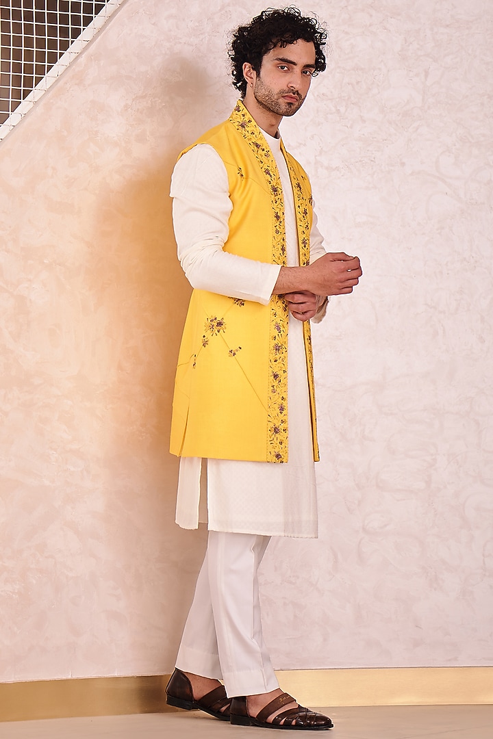 Canary Yellow Slub Silk Hand Embroidered Groom Indowestern Set by Jatin Malik at Pernia's Pop Up Shop