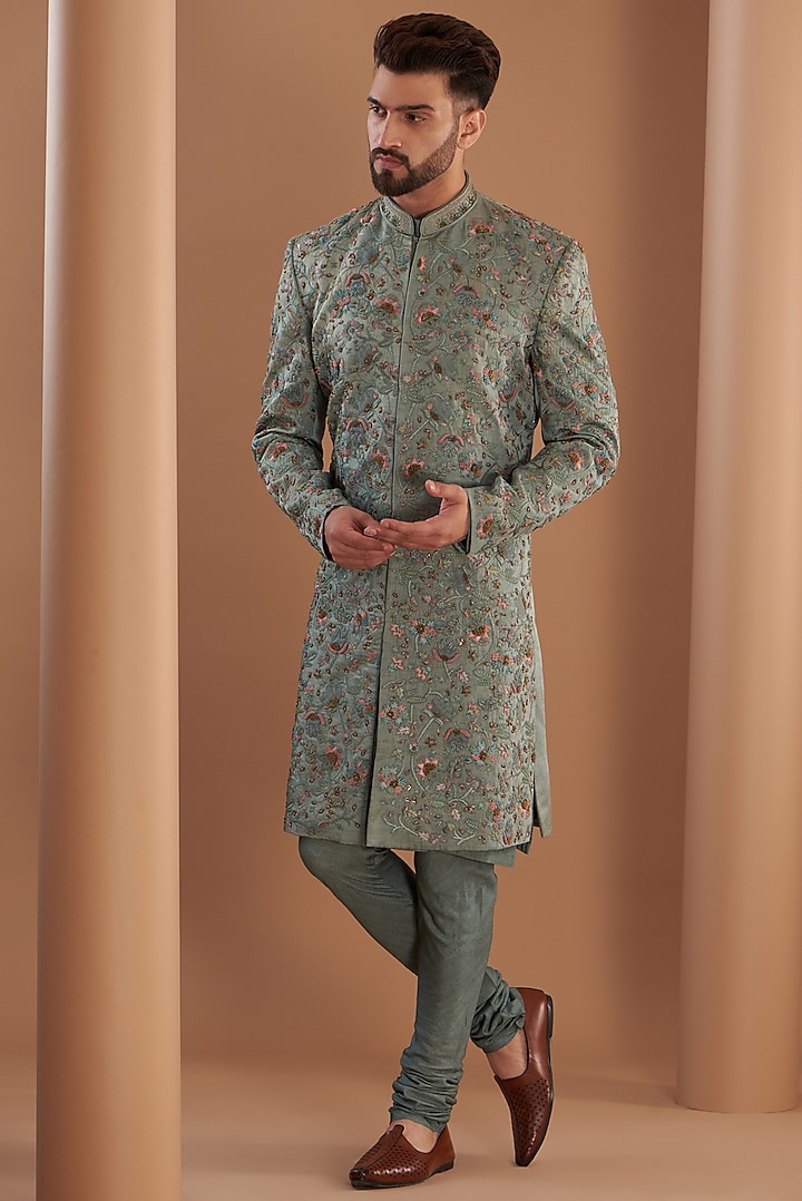 Grey Linen Silk Hand Embroidered Sherwani Set by Jatin Malik