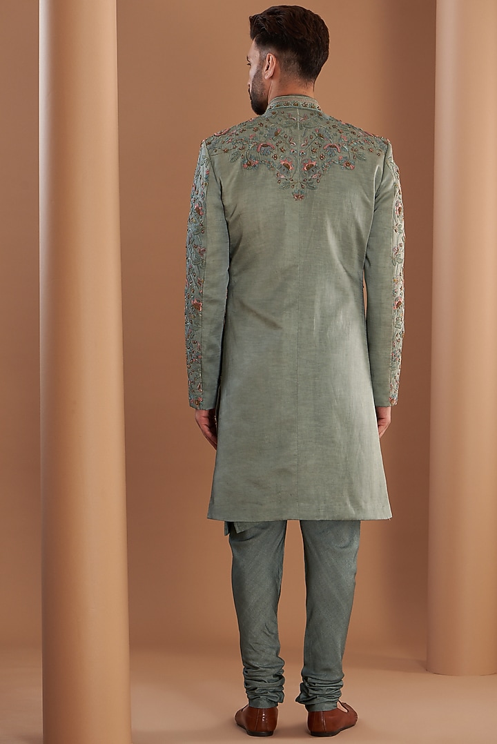 Grey Linen Silk Hand Embroidered Groom Sherwani Set by Jatin Malik at Pernia's Pop Up Shop