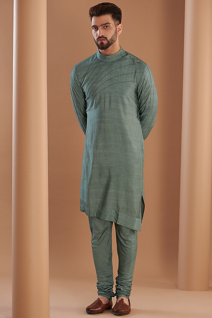Grey Linen Silk Hand Embroidered Groom Sherwani Set by Jatin Malik at Pernia's Pop Up Shop