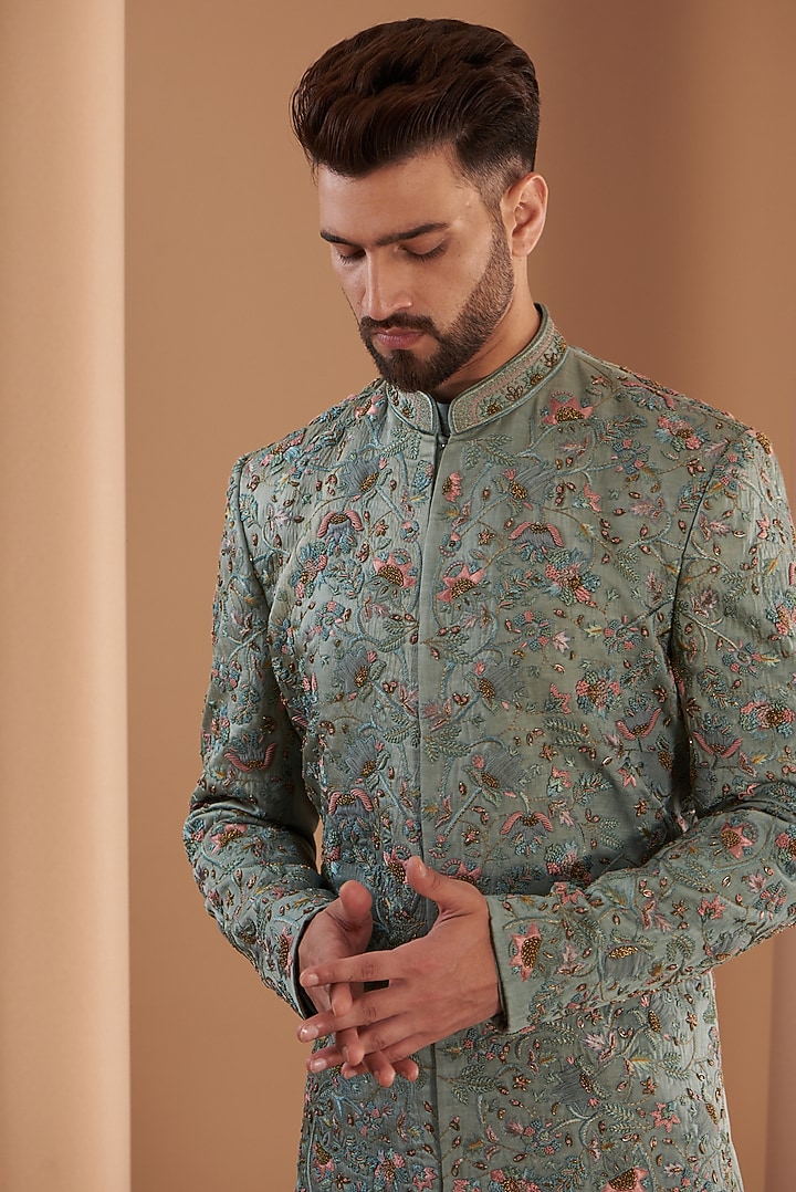 Grey Linen Silk Hand Embroidered Groom Sherwani Set by Jatin Malik at Pernia's Pop Up Shop
