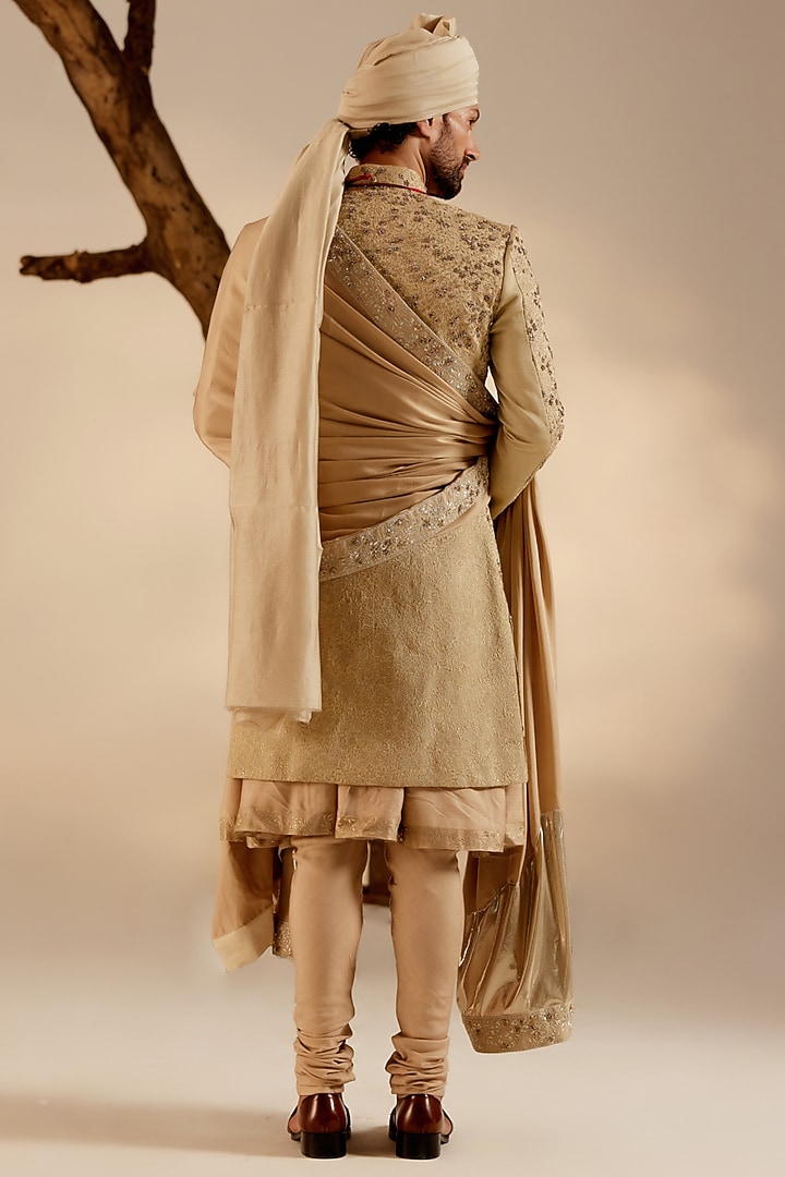 Sand Grey Linen Silk Zari Thread Hand Embroidered Groom Sherwani Set by Jatin Malik at Pernia's Pop Up Shop