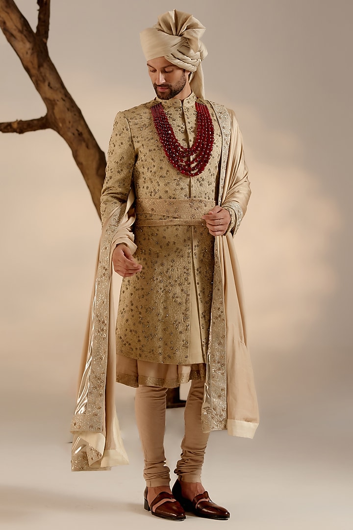 Sand Grey Linen Silk Zari Thread Hand Embroidered Groom Sherwani Set by Jatin Malik at Pernia's Pop Up Shop