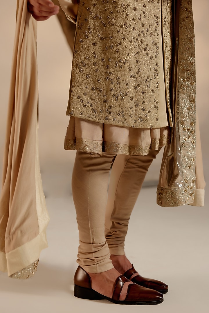 Sand Grey Linen Silk Zari Thread Hand Embroidered Groom Sherwani Set by Jatin Malik at Pernia's Pop Up Shop