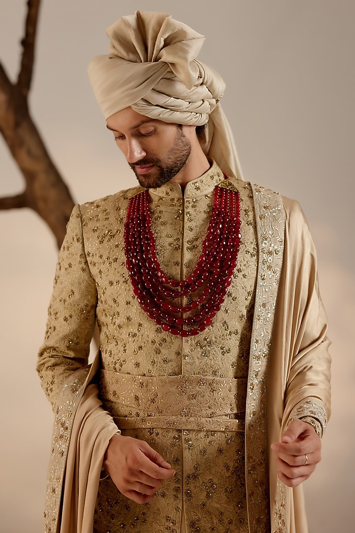 Sand Grey Linen Silk Zari Thread Hand Embroidered Groom Sherwani Set by Jatin Malik at Pernia's Pop Up Shop