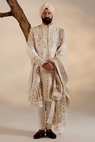 Dirty Ivory Linen Silk Motif Hand Embroidered Sherwani Set by Jatin Malik