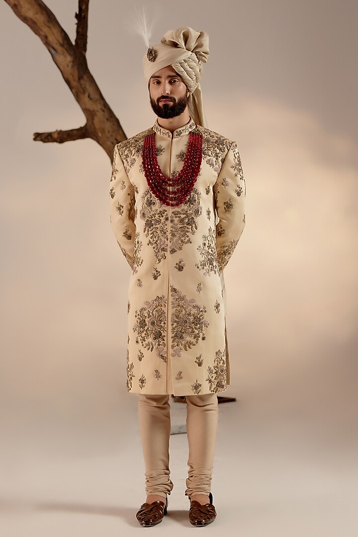 Golden Linen Silk Motif Hand Embroidered Groom Sherwani Set by Jatin Malik at Pernia's Pop Up Shop